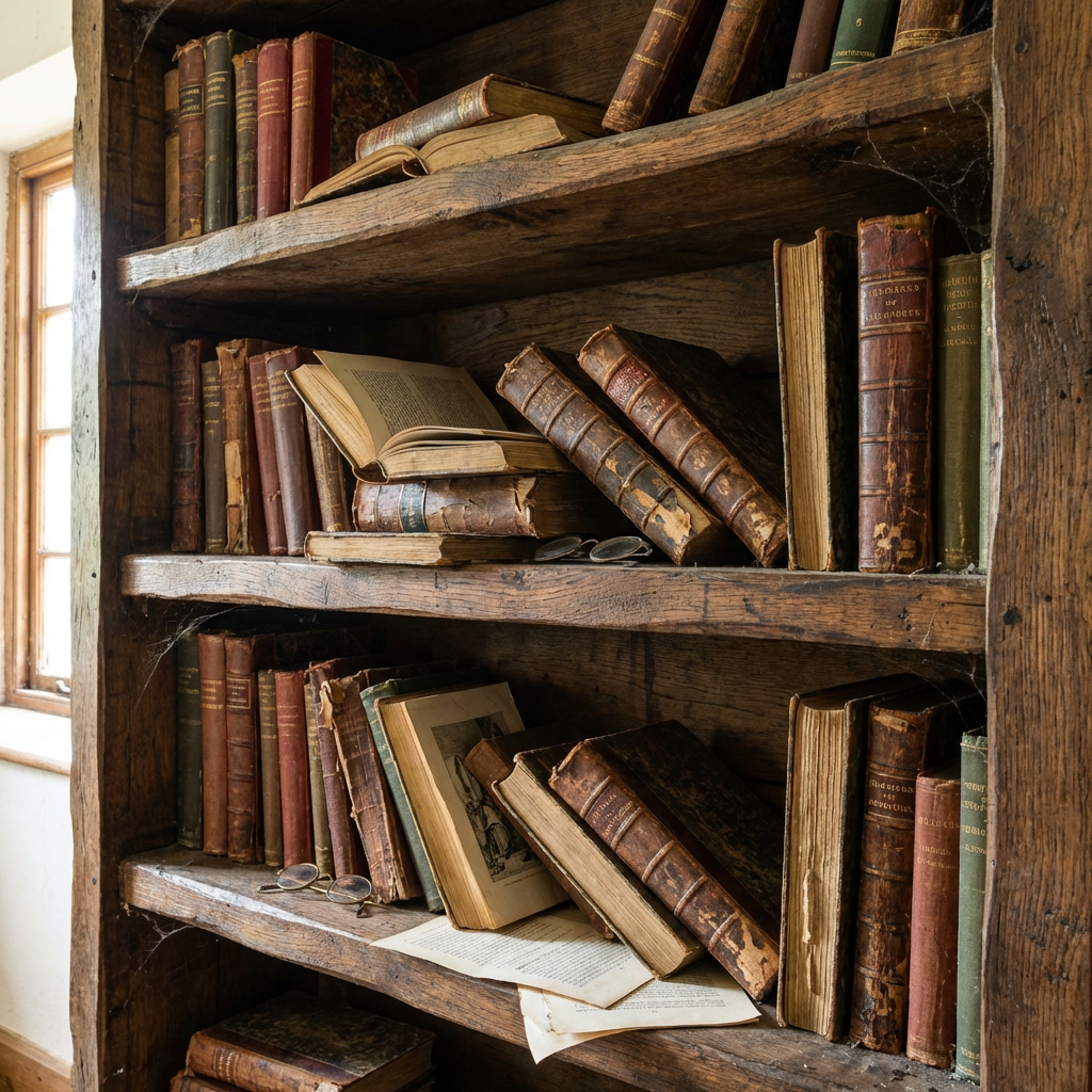 Weathered antique books and spectacles on rustic wooden library shelves near a window.